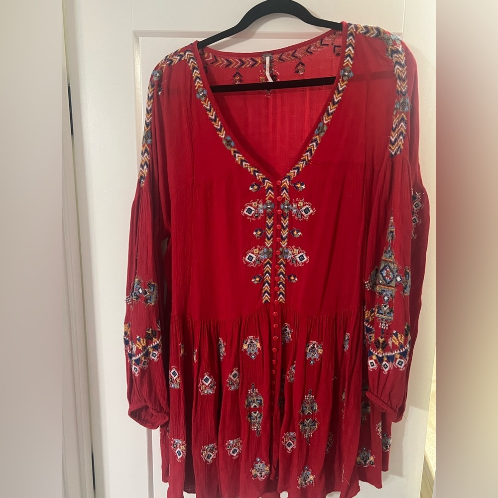 Free People Embroidered Red Flowy Dress